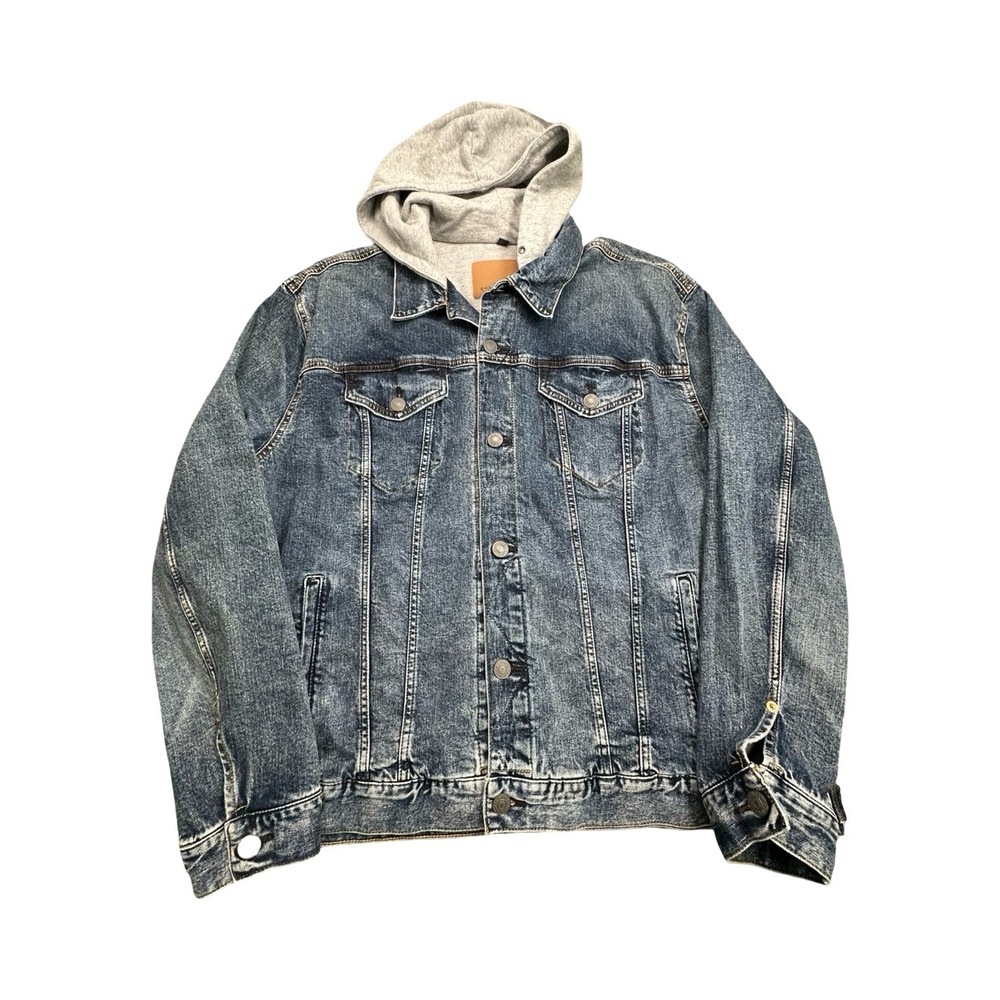 American Eagle Denim Jacket Mens XXXL Blue Hooded Trucker Waffle Lined Acid Wash